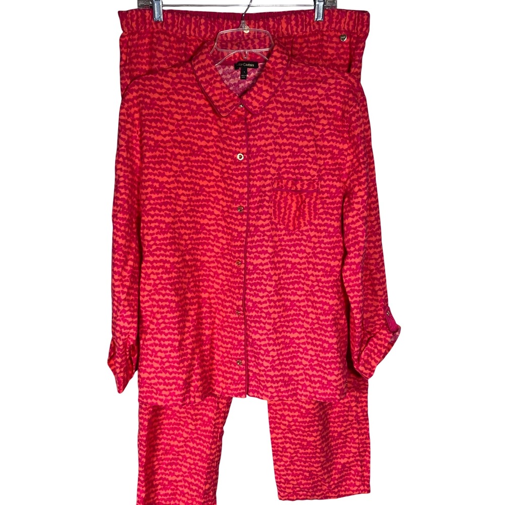 Juicy Couture Womens Pajama Set Heart Print Flannel Y2K Pink Orange Large L